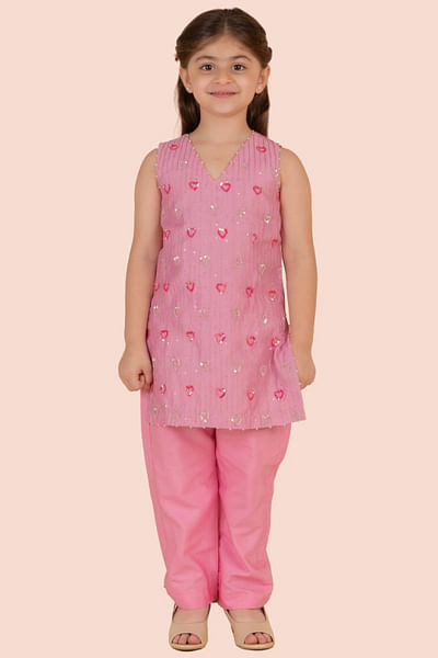 Pink heart sequin embroidered kurta set