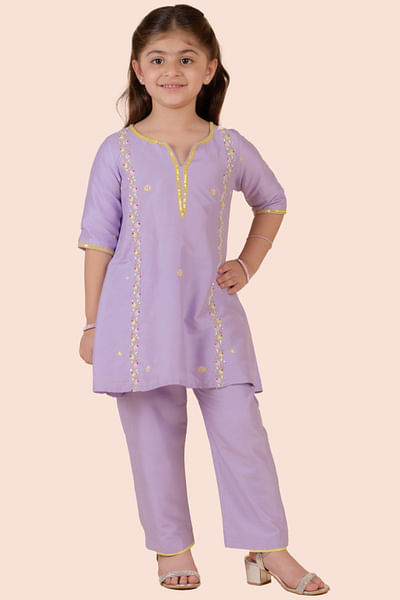 Purple floral and heart embroidered kurta set