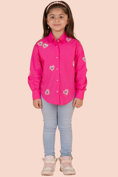 Fuchsia heart sequin embroidered shirt