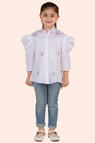 White heart sequin embroidered shirt