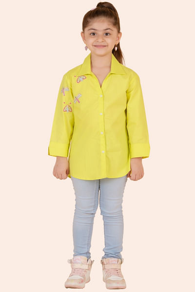 Neon yellow butterfly embroidered shirt