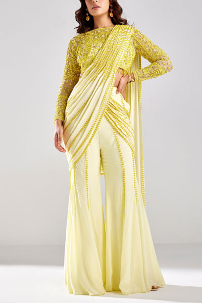 Pastel yellow embroidery pant sari set