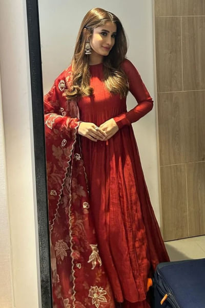 Crimson red anarkali and skirt set