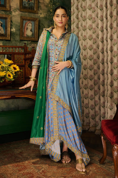 Punit Balana Blue and green printed embroidered dhoti set PUNIJUL26D149567
