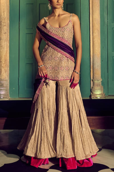 Gold marodi embroidered kurta and sharara set
