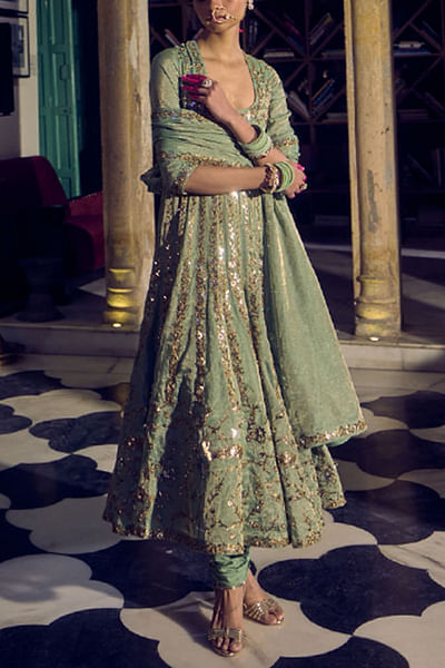 Sage green floral embroidered anarkali set