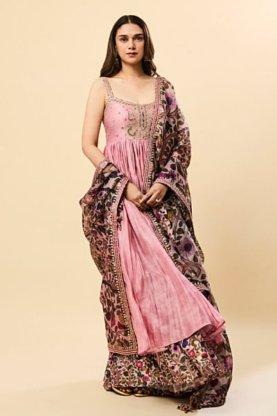 Dusky pink zardozi embroidered anarkali set