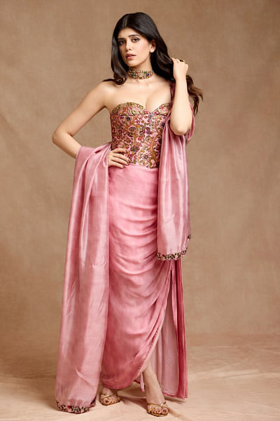 Dusky pink printed corset and draped skirt set