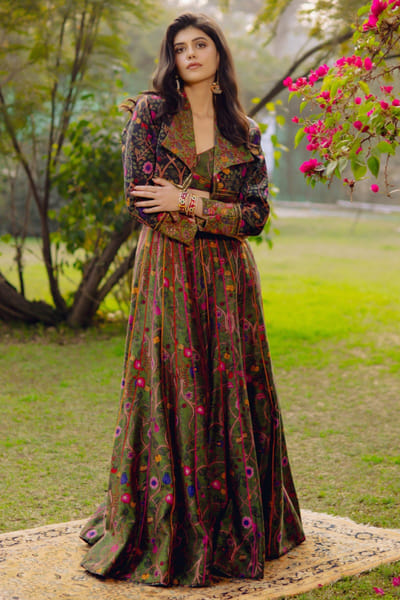 Green floral printed skirt set