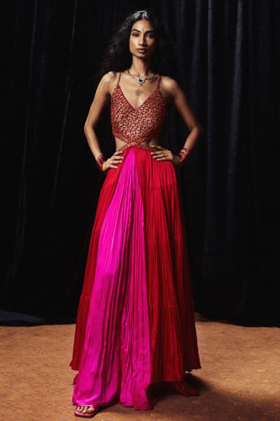 Red resham embroidered maxi dress
