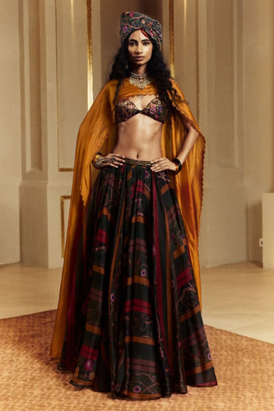 Black and mustard embroidered lehenga set
