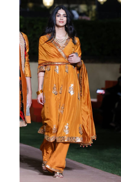 Mustard tilla embroidered kurta set
