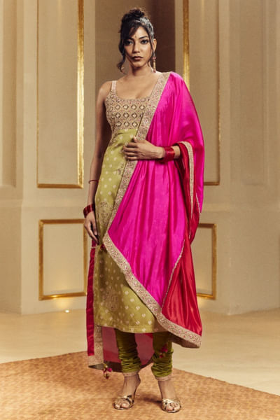 Henna green and pink embroidered kurta set