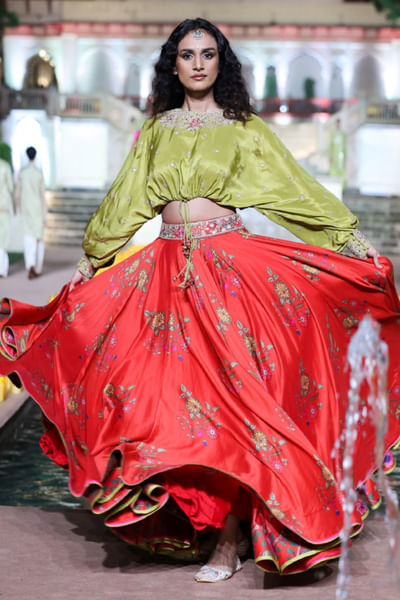 Red and Henna green embroidered skirt set