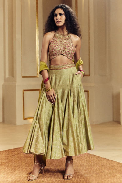 Henna green resham embroidered lehenga set