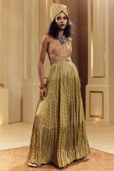 Henna green resham embroidered maxi dress