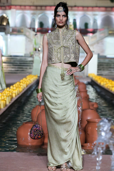 Henna green marodi waistcoat-draped skirt set