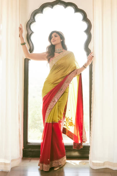 Punit Balana Red and Henna green embroidered sari set PUNSEP25D132963