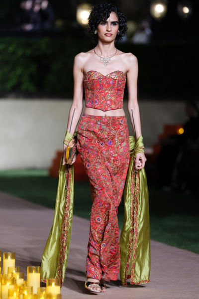 Red coin embellished-printed corset skirt set
