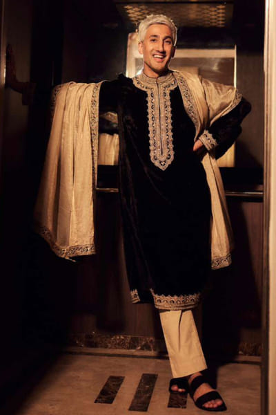 Black morodi embroidered velvet kurta set