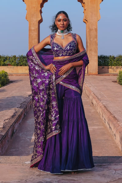 Purple tilla embroidered gharara sari set