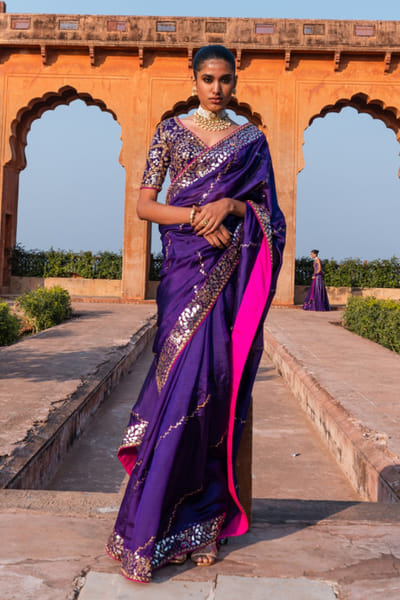 Purple tilla silk sari set