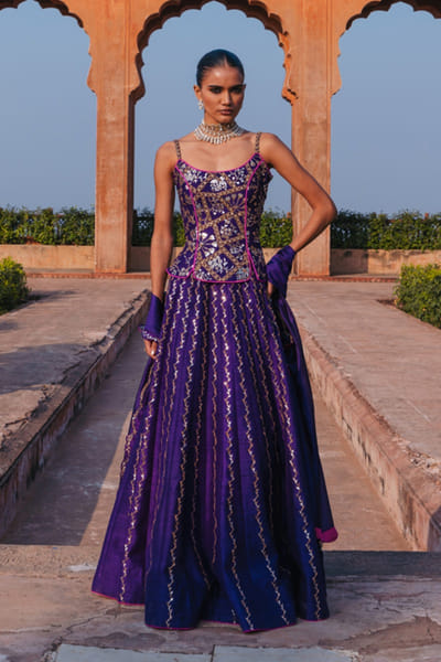Purple embroidered corset lehenga set