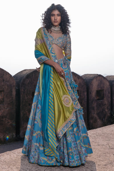 Blue and dry heena printed lehenga set