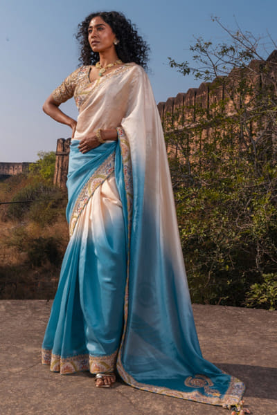 Buttercup and blue ombre print embroidered sari set
