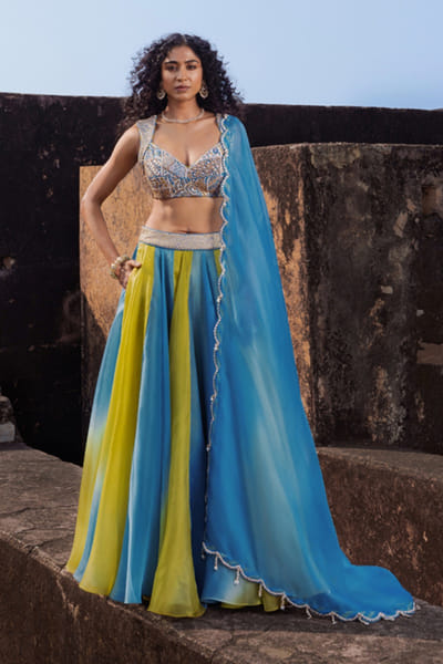 Punit Balana Blue and dry heena gota embroidery lehenga set PUNFEB26D139660