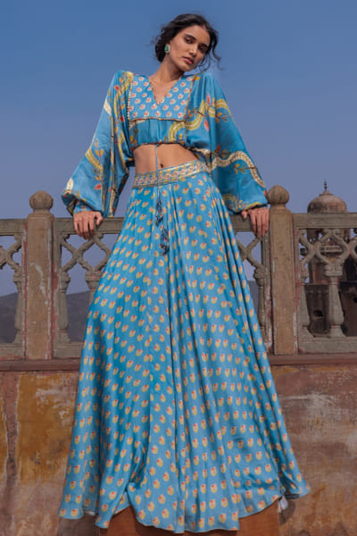 Punit Balana Mist blue print embroidered skirt set PUNFEB26D139666