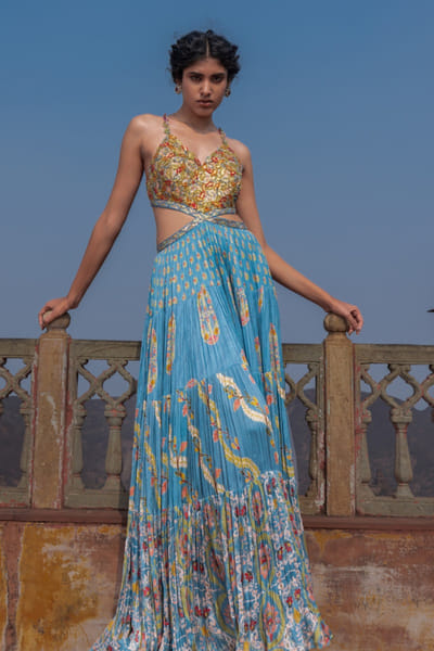 Mist blue thread embroidered gown