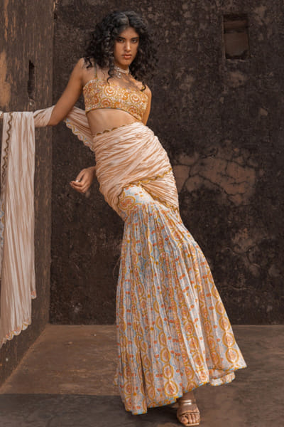 Buttercup print embroidered gharara sari set