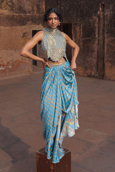 Mist blue printed drape skirt set