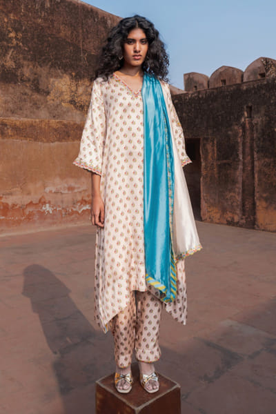 Buttercup and mist blue printed kurta set