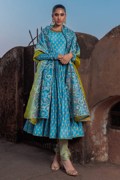 Punit Balana Blue and heena print embroidered anarkali set PUNFEB26D139677