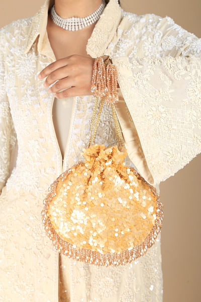 Gold crystal tasselled sequinned potli bag