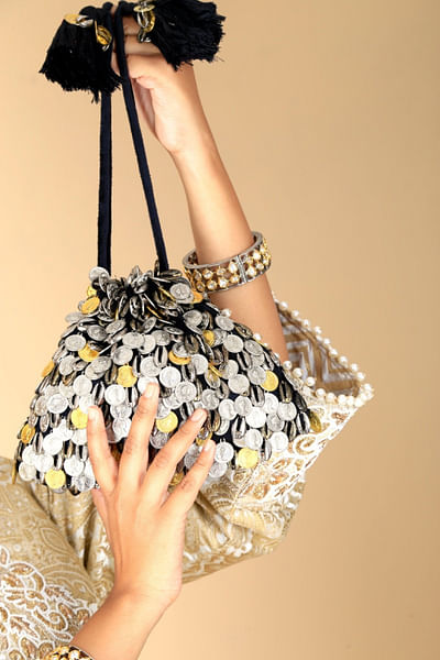 Black coin and shell embellished potli bag