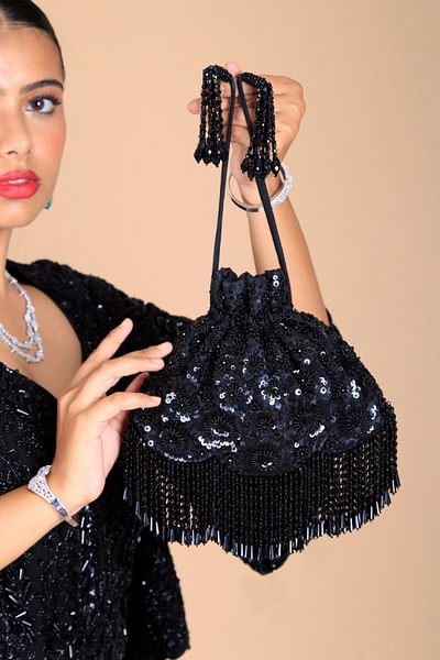 Black floral sequin crystal tasselled potli bag