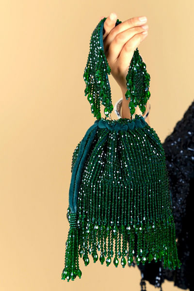 Green crystal tasselled bucket bag
