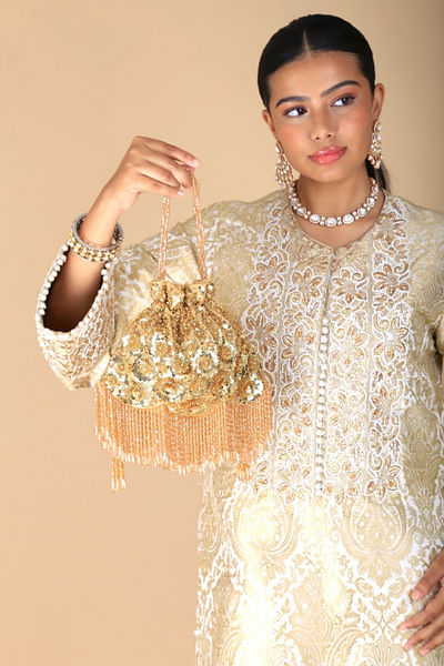 Gold floral sequin crystal tasselled potli bag