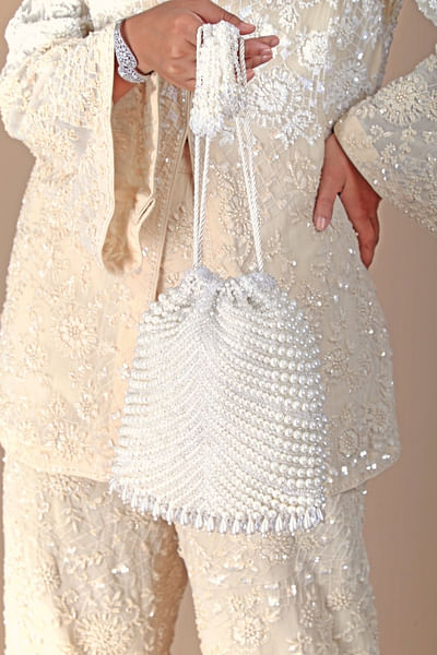 Cream pearl and crystal embroidered bucket bag