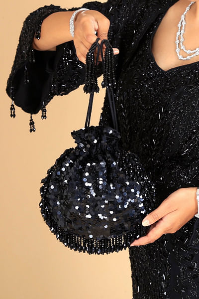 Black crystal tasselled sequinned potli bag
