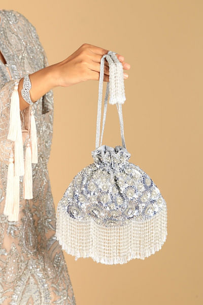 Silver floral sequin crystal tasselled potli bag
