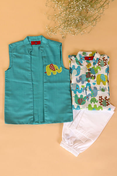 Multicolour elephant kurta and jacket set