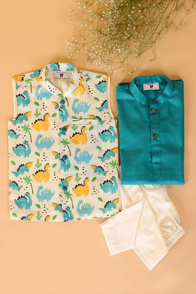 Multicolour dinosaur jacket and kurta set