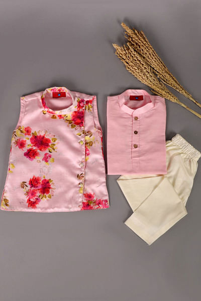 Pink floral Nehru jacket set