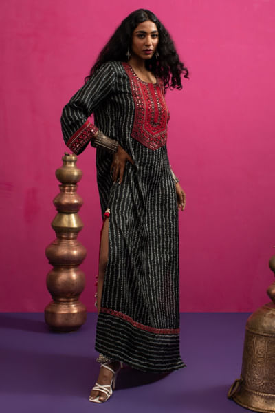 Black bandhani and mirror embroidered kaftan