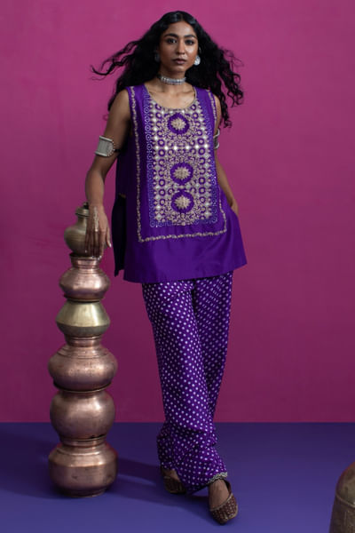 Purple bandhani and embroidered co-ord set