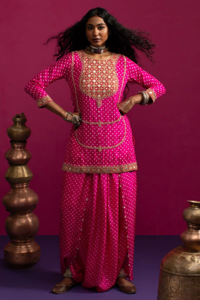 Rani pink bandhani and embroidered co-ord set